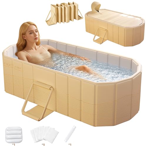 Faltbare Badewanne mit Deckel für Eis- & Heißbäder, mobile Badewanne für Erwachsene Indoor & Outdoor, inkl. Kissen, 5 Wannenliner, Abflussrohr, montagefrei, ideal für Familien-Spa & Paardusche, 120cm