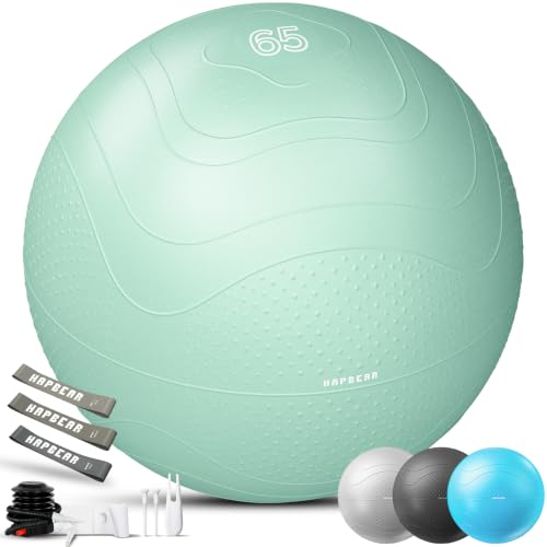 HAPBEAR Gymnastikball & Sitzball (55/65/75 cm) – Anti-Burst, rutschfest Mit Massage-Noppen, Extra Dickes PVC, Bis 200 Kg – Komplettset Mit Fußpumpe & 3 Widerstandsbändern für Fitness, Büro & Yoga