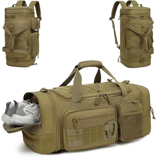 Tonruyn Taktische Reisetasche Rucksack 40-45L für Herren Damen Erweiterbare Sporttasche mit Schuhfach und Nassfach Wochenend Duffel Bag für Militär Reisen Camping, Braun