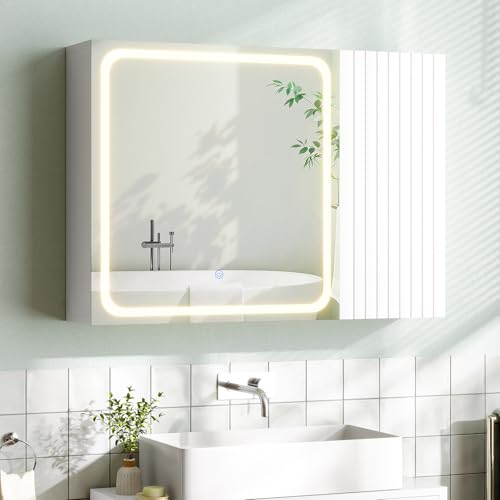 FORABAMB Spiegelschrank Bad 80 cm breit mit LED-Beleuchtung, Badezimmer spiegelschrank mit Verstellbarer Ablage, HD-Spiegel, 3 Farbtemperatur Dimmbare, Badezimmerschrank, Badschrank,60×80×16 cm, Weiß