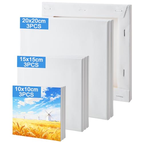 jwtyu Leinwand zum Bemalen 9 Stück Keilrahmen 280g/m² Leinwände zum Bemalen Reine Baumwolle Canvas 10x10,15x15,20x20cm Leinwand Set für Aquarell Acryl Ölmalerei usw