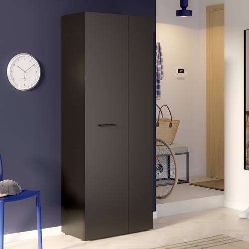 FORTE NET106 Schrank 70, Schuhschrank, Garderobenschrank, Abstellraum, Drehtürenschrank, 2-türig mit Einlegeböden, Schwarz, 68,7 cm breit x 181,1 cm hoch x 36,5 cm tief