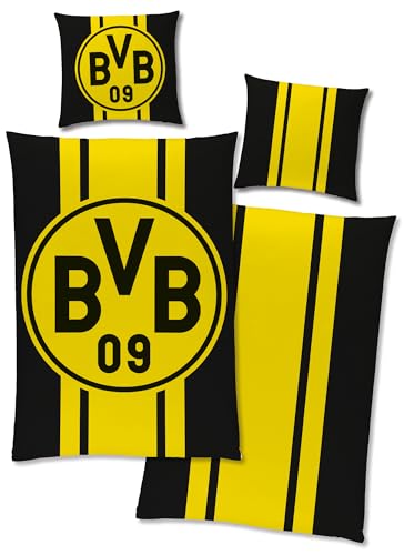 Borussia Dortmund BVB 09 Wende-Bettwäsche 135 x 200 cm + 80 x 80 cm 100% Baumwolle Renforcé-Linon Fußball Bettwäsche Logo Motiv Echte Liebe Heja BVB Reißverschluss deutsche Größe