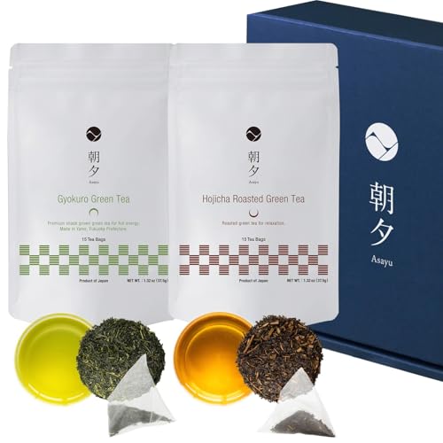 Asayu Japan Grüner Tee Geschenkset – Daily Essentials Duo mit Gyokuro & Hojicha – 30 Teebeutel – 100% aus Japan – Premium Schattentee für morgens & gerösteter Grüntee für abends