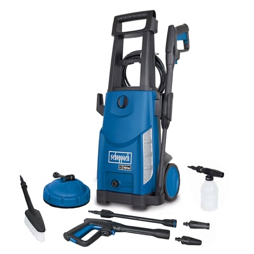 Scheppach Hochdruckreiniger HCE2400 mit 7 TLG. Zubehör & Reinigungsmitteltank | 5m Hochdruckschlauch | 180bar Druck | 2400W Leistung | Fördermenge 480 l/h | mobiler Flächenreiniger mit Ansaugfunktion