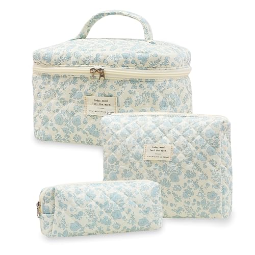 Aucuu 3PCS Set Kosmetiktasche, Reise Kosmetiktasche Set Damen, Kulturtasche Damen mit Blumenmuster, Gesteppte Kulturtasche, Kulturbeutel Make Up Tasche, Tragbare Schminktasche für Mädchen Frauen