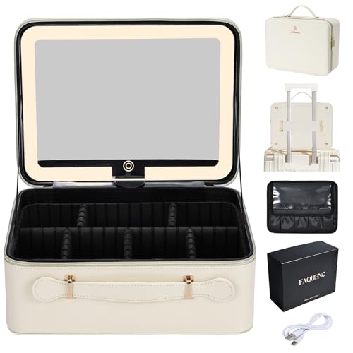 Leder-Kosmetiktasche mit LED-beleuchtetem Spiegel Reise-Kosmetikkoffer Einstellbare Helligkeit in 3 Farben Künstler-Aufbewahrungstasche mit Trennwänden Pinselhalter-Tasche Schminkkoffer Weiß, 29CM