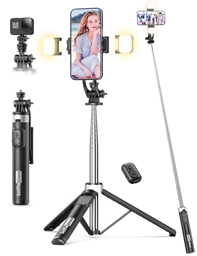 135CM Selfie Stick mit 2 Fülllicht, All-in-1 Handy Stativ mit Abnehmbarer Fernbedienung, 360° Drehbarer Tragbar Stativ Handyhalterung Stabil Selfie Stange Kompatibel mit iPhone/Samsung/Android