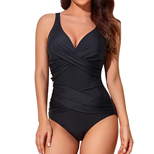 Smismivo Badeanzug Damen Bauchweg Push Up Shape Schwimmanzug mitBügel Retro Schlankheits Raffung Einteilige Bademode Große Größen Swimsuits for Women Swimming Suits Badekleid (schwarz schwarzer)