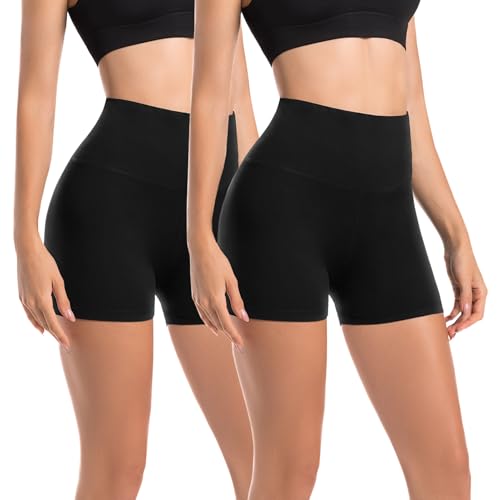 Leafigure 2er Pack Radlerhose Damen Kurz Set Hohe Taille Sporthose Shorts Blickdicht Sommer Hotpants Leggings für Gym Fitness Yoga Schwarz SM