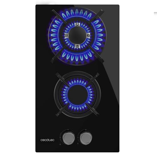Cecotec Gasherd mit 2 Brennern für Erdgas und Butangas Bolero Squad G 2200S Glass Black. 5,25 kW, Schwarzes Glas, Einzelgussroste, WOK-Dreifach-Kronen-Brenner, Elektrische Zündung