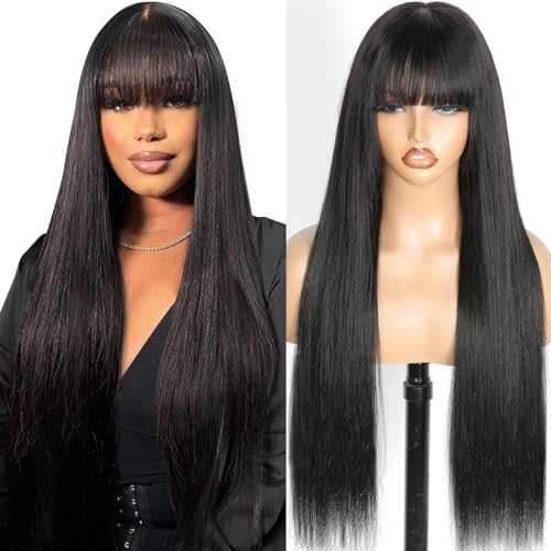 Junemet 18 Zoll 200% Dichte Echthaar Perücke mit Pony Straight Perücke Damen Echthaar 2x4 HD Lace Human Hair Wig with Bangs for Women Wear and Go Glueless Human Hair Wig Natürliche Farbe (45cm)