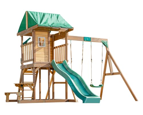 DOLPHIN PLAYGROUND T Schaukel- und Rutsch-Set aus Holz für den Garten – Outdoor-Spielgerät mit 2 Schaukeln, Rutsche, Kletterwand, Spielhaus & Picknicktisch aus Zedernholz für Kinder ab 3 Jahren