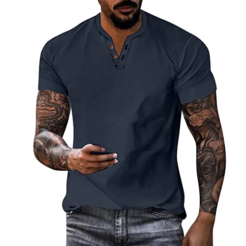 2026 Männer Sommer Casual Hemd Bluse Baumwolle Leinen Kurzarm Drehen Unten Kragen Taste Mode Top(Dunkelblau,4XL)
