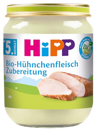 HiPP Bio-Hühnchenfleisch Zubereitung (6 x 125g), Babygläschen ab 5. Monat, ohne Zusatz von Salz, mit wertvollem Rapsöl, glutenfrei