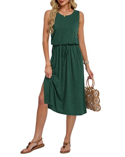AUSELILY Sommerkleid Damen Midi Strandkleid Damen luftig Ärmellose Eleganter Casual Schlitzrock Kleider mit Taschen Grün M