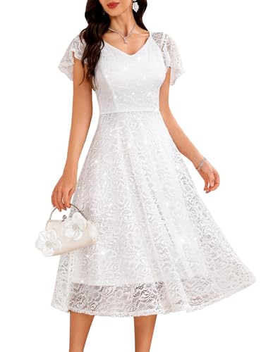 AOCZZ Glitzer Abendkleider mit Ärmel Cocktailkleid Damen Kleid für Hochzeit Hochzeitskleider 58XP White M