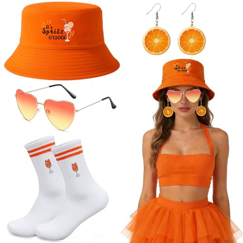 Pipihome Aperol Kostüm Damen, Faschingskostüme Damen, Karneval Kostüm Damen Accessoires mit Aperol Mütze Bestickte Socken Orangen Ohrringe Herz Sonnenbrille für Karneval Apero Party Cosplay