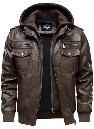 HOOD CREW Herren Lederjacke mit Kapuze Kunstleder Motorradjacken Wasserabweisend Winddicht Moto Vintage Bomberjacke Coffee M