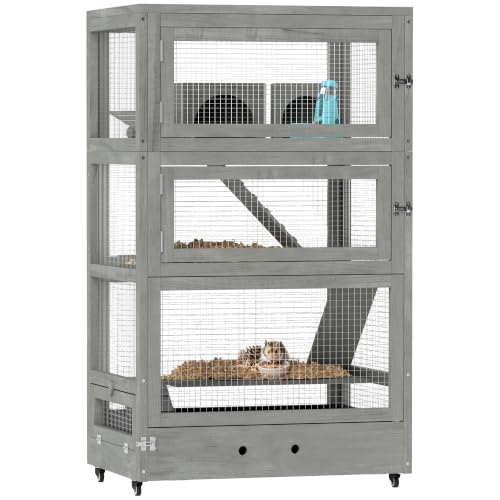 PawHut Hamsterkäfig aus Holz 4 Etagen Zwerghamster 65 x 45 x 109 cm Grau