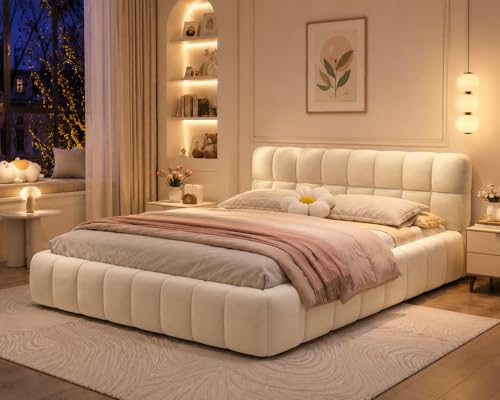 CDQL Bubble Bett 140x200 cm, Polsterbett Doppelbett mit Lattenrost und weicher Rückenlehne, Jugendbett, geeignet für Schlafzimmer und Gästezimmer, Leinen, Beige