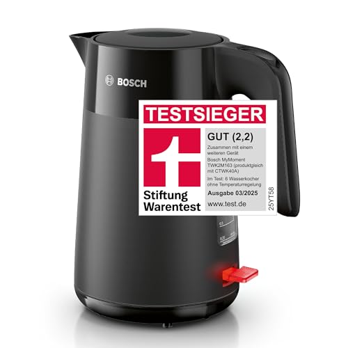 Bosch kabelloser Wasserkocher MyMoment TWK2M163, Abschaltautomatik, Überhitzungsschutz, Tassenanzeige, entnehmbarer Kalkfilter, Trockengehschutz, Dampfstopp-Automatik, 1,7 L, 2400 W, Schwarz matt