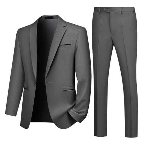 Autsel Anzug Herren Slim Fit Anzüge 2 Teilig Business Herrenanzug Hochzeit Sakko Hose Dunkelgrau M