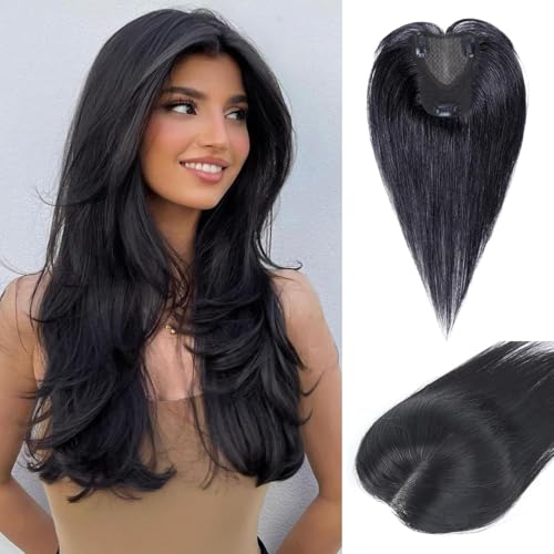 Haarteile Für Frauen Echtes Menschenhaar 30cm 360° Abdeckung Remy Menschenhaar Topper Für Frauen Mit Dünner Werdendem Haar Realistische Kopfhaut Zum Einclipsen Glattes Haar (#1B, Seitlicher Pony)