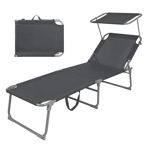 Montafox Sonnenliege klappbar 195 x 60 x 34 cm tragbarer Liegestuhl bis 150 kg mit Sonnendach Verstellbarer Rückenlehne für Garten Pool Terrasse Strand, Farbe:grau