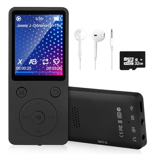 MP3 Player mit Bluetooth 5.2, 32 GB Speicherkarte, 1,8 Zoll TFT Farbbildschirm, Musik-Player Sport mit eingebautem Lautsprecher, FM-Radio, Video, Fotobetrachter, Sprachaufnahme, E-Book, Gleisa
