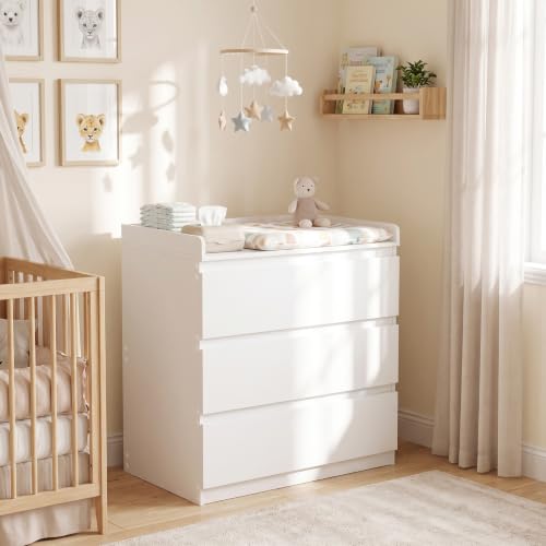 ZECIIYE Wickelkommode mit Schubladen,Baby Kommode Weiß Matt, Kommode mit 3 Schubladen & 5cm Sicherheitsrand, Inklusive Kippsicherung, Moderner Schubladenschrank für Kinderzimmer, 70 x 40 x 80 cm