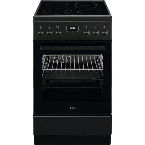 AEG Standherd mit Glaskeramik-Kochfeld, 50cm, A, 1 Paar Teleskopschienen, Bräterzone, Mehrkreiskochzone, Versenkknebel, Grillfunktion, Display mit Uhr, Mattschwarz, CCB54492BB