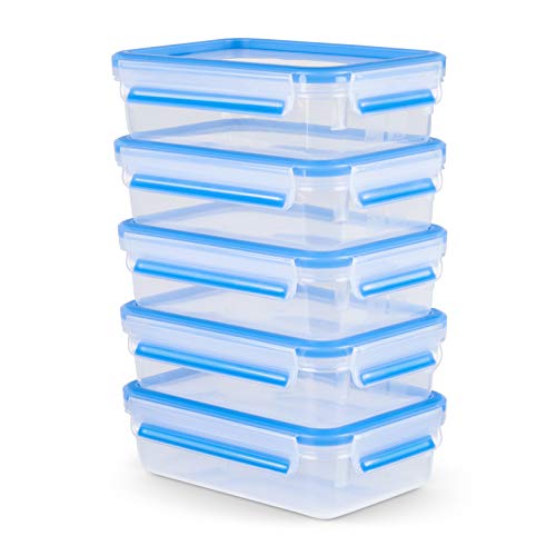 EMSA Clip & Close Frischhaltedosen-Set, rechteckig, 5 X 0,8 L, Aufbewahrungsboxen, 100 Prozent dicht, spülmaschinen-, gefrier-, mikrowellenfest, Transparent, Blau, Made in Germany, N10307