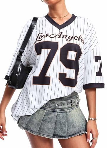 Navneet Damen Jersey Shirt Y2K Trikot Gestreift Oversize Tshirt Sommer Baggy Longshirt Kurzarm Football Streetwear Schwarz L