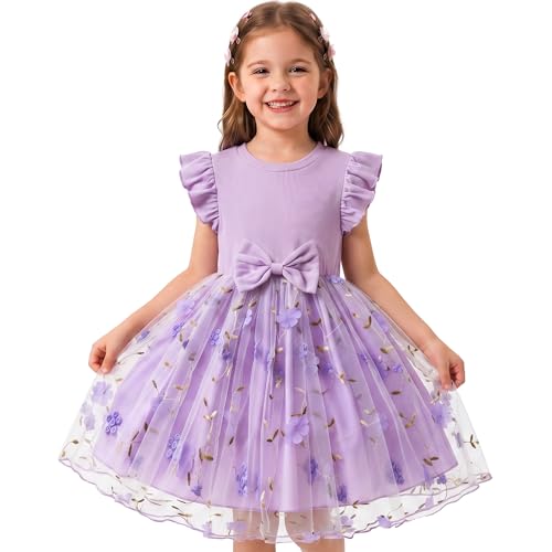 JinBei Tüllkleider Mädchen Kurzarm mit Rüschenärmeln, 4-5 Jahre, Lila