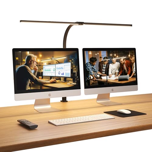 APMIEK Doppelkopf Schreibtischlampe LED, 24W 76CM Schreibtischlampe Klemmbar für Homeoffice, 3200K-6500K Schwanenhals Büro Tischlampe Augenschutz Arbeitsplatzleuchte Monitor Lampe PC Lampe(Schwarz)