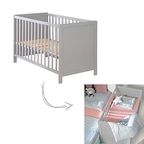 roba 2 in 1 Babybett 60 x 120 cm - Gitterbett & Beistellbett 6-fach Höhenverstellbar - 5 Schlupfsprossen - Holz grau / taupe
