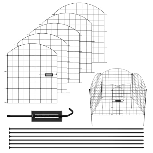 Ollewiellan Teichzaun Komplettset, Metall-Gartenzaun mit Türschloss, 4 Paneele + 1 Tor, 3,5 m Gesamtlänge (78,5cm H x 70cm B), Hundezaun, für Gartenteich und Hofeinfassung, Oberbogen, Schwarz
