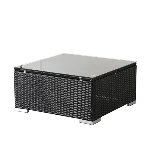Arebos Poly-Rattan Beistelltisch | Schwarz | Wetterbeständiger Garten-Tisch | Kaffeetisch mit Einer Glasplatte | 70 x 70 x 34 cm