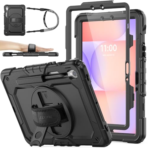 SEYMAC stock Hülle für Samsung Galaxy Tab S10 Lite/S10 FE/S9 FE 10,9 Zoll /S9 11 Zoll, Stoßfeste Hülle mit Displayschutz, 360° Drehbarer Ständer/Handschlaufe, Stifthalter & Schultergurt, Schwarz