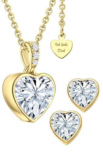 Schmuck Set Damen Gold Silber 925 vergoldet Herz Schmuckset 3tlg Weihnachten Kette Ohrringe Set Goldkette Halskette Ich Liebe Dich Goldschmuck Geschenke Frau Ehefrau Freundin Hochzeitstag Geburtstag