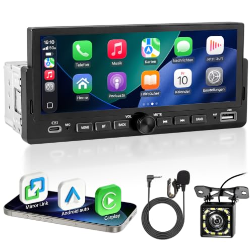Autoradio 1 Din mit Bildschirm, Auto Radio Bluetooth mit Wireless CarPlay Android Auto, Single DIN Autoradio mit Rückfahrkamera Freisprecheinrichtung Navi FM Lenkradsteuerung, 6.86