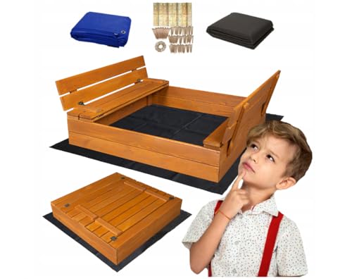 Sandkasten mit Sitzbank 100 x 100 cm, Abdeckung, imprägniertes Holz, Kindersandkasten, Spielplatz