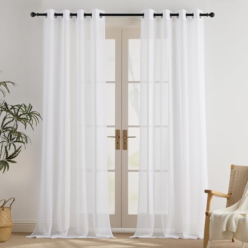 PONY DANCE Weiße Gardinen Wohnzimmer 245 cm Hoch Vorhang Transparent Gardienen Leinenoptik Voile Gardine Weiss Vorhänge Ösenvorhang Durchlässig, 2-Set H 245 x B 140 cm
