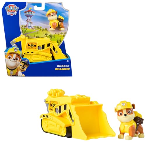 PAW PATROL - Rubble-Figur mit Bulldozer-Baufahrzeug, stabiles Basis-Fahrzeug, authentisches Spielzeug zur Serie für Kinder ab 3 Jahren