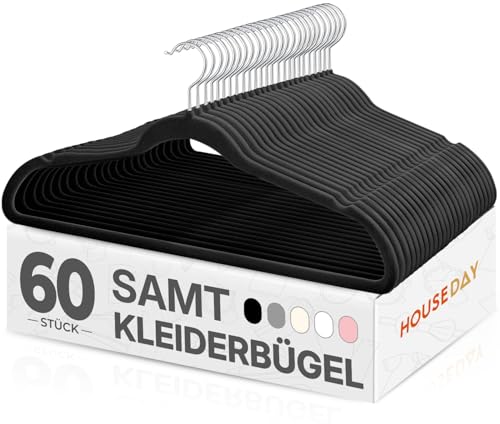 HOUSE DAY Kleiderbügel Samt 60 Stück, Kleiderbügel Platzsparend Filz Bügel - Rutschfester, Premium Schwarzer Anzugbügel, 360° Drehbarer Haken, Schwarz