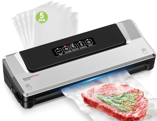 Bonsenkitchen Vakuumiergerät, Vakuumierer Folienschweißgerät für Sous Vide Kochen und Lebensmittel Bleiben bis zu 6x Länger Frisch, 5 Vakuumbeutel Inklusive (Sliber)