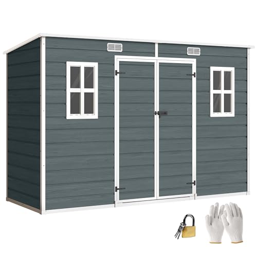 Outsunny Gerätehaus 3,2m², Geräteschuppen mit Pultdach, 303x123x197cm, Kunststoff Gartenschuppen mit Fenster Doppeltür Schloss Belüftungsöffnung Boden Holzoptik, Gartenhaus für Werkzeuge Grau