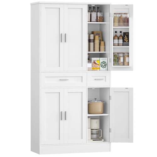 Hzuaneri Buffetschrank, Küchenschrank mit 9-stufigem Türrückseiten-Regalsystem, Sideboard mit 6 Türen und 2 Großer Schublade, Modern Stil, Küche, Wohnzimmer, 40 x 92 x 180 cm, Weiß PT30003X
