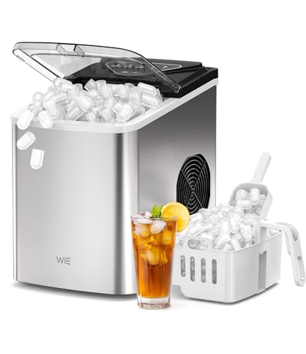 WIE Eiswürfelmaschine, 15KG Eiswürfelbereiter Ice Maker, 9 Würfel in 6 Min, Eiswürfelmaschinen mit Tragbarem Griff, Silber, Eiswürfelbereiter für Zuhause/Küche/Büro/Wohnmobil